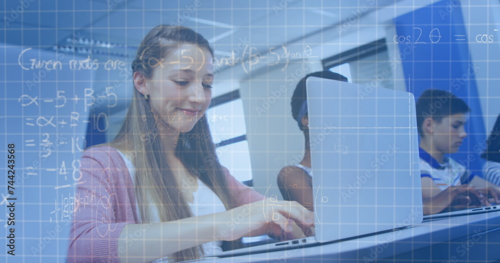 Poster image of mathematical formulas over students in classroom
