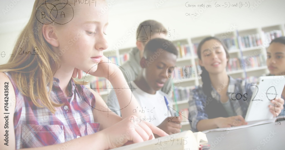 Poster image of mathematical formulas over students in classroom
