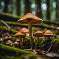 Fertile mushrooms sprout from the ground in a forest setting.

