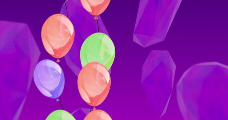 Image of colorful balloons flying over purple background