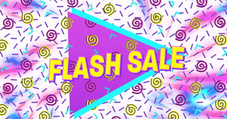 Image of flash sale text in yellow letters over brightly coloured retro pattern