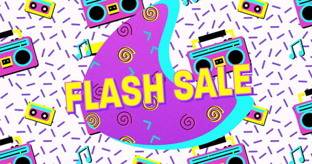 Flash sale text on purple banner against vhs tape icons in seamless pattern on white background
