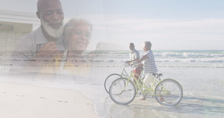 Composite of happy diverse senior using laptop at home, and on bikes at beach