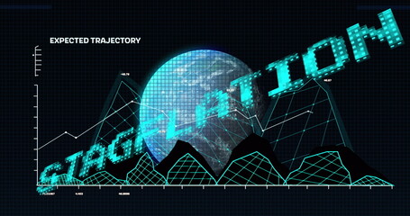 Image of stagflation text in blue over globe and graph processing data