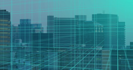 Image of 3d grid moving over buildings in modern cityscape