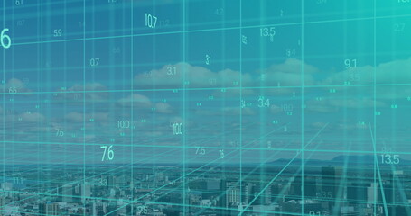 Image of data processing on 3d grid over buildings in modern cityscape