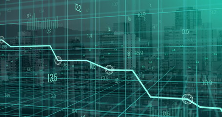 Image of blue graph and data processing on 3d grid over buildings in modern cityscape