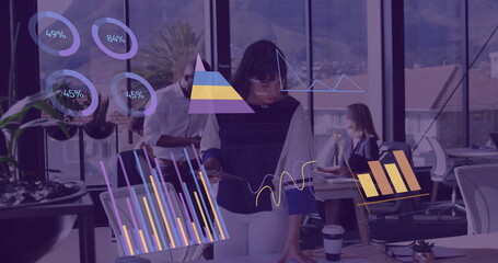 Image of financial data processing over diverse business people