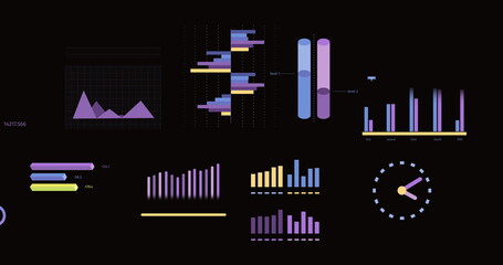 Image of statistics, graphs and financial data processing over black background