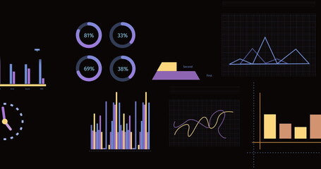 Image of statistics, graphs and financial data processing over black background