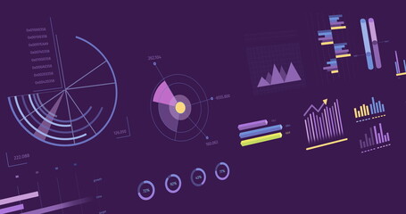Image of statistics and financial data processing over purple background