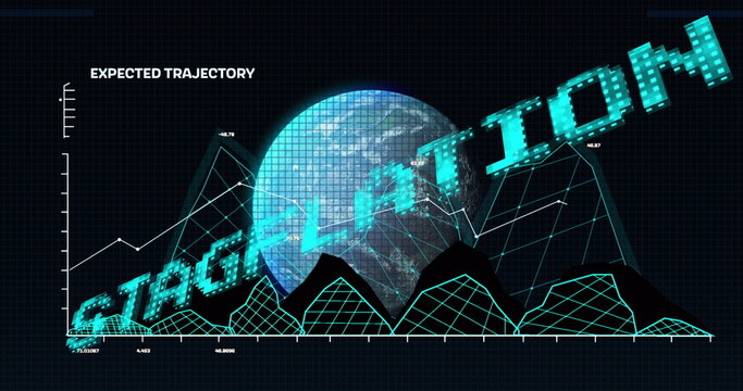 Image of stagflation text in blue over globe and graph processing data