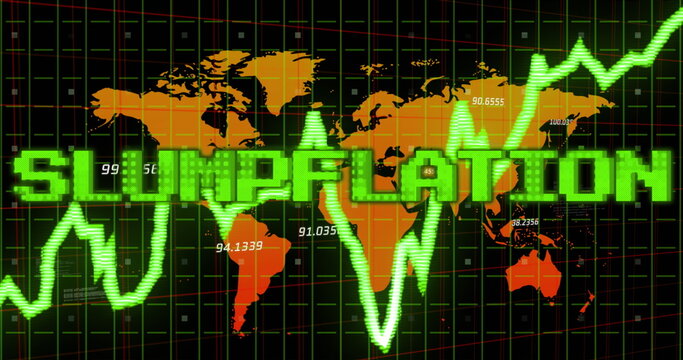 Image of stagflation text in green over graph and orange world map with processing data