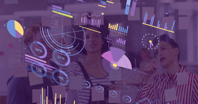 Image of financial data processing over diverse business people