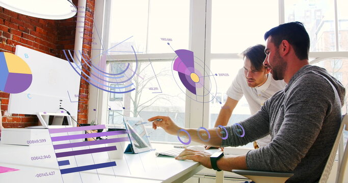 Image of financial data processing over diverse business people