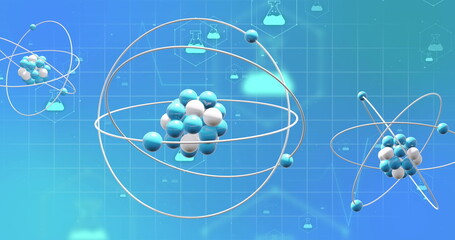 Image of 3d micro of molecules and chemistry icons on blue background