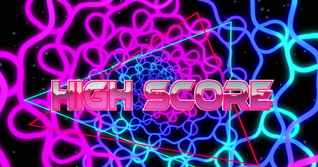 Image of high score text over moving shapes on black background