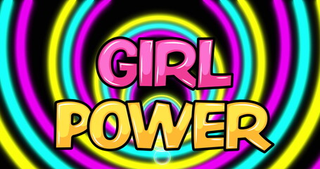 Image of girl power text over moving shapes on black background