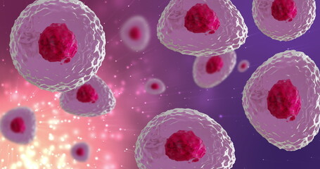 Image of micro of red and pink cells over pink and purple background