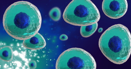 Image of micro of blue and turquoise cells on light spots on blue background