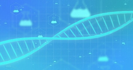 Image of 3d micro of dna strand and chemistry icons on blue background