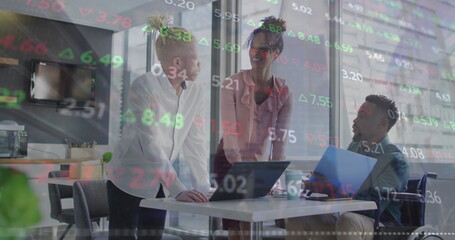 Image of data processing over diverse business people in office