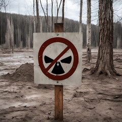 A sign surrounded by dead trees, marking a desolate scene.