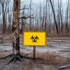 radiation warning sign and dead trees on the background

