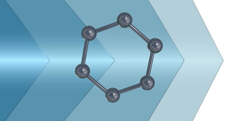 Image of 3d micro of molecules and blue arrows on white background