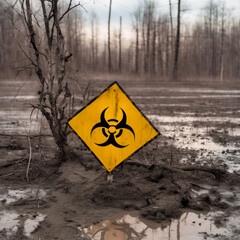 radiation warning sign and dead trees on the background

