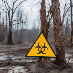 radiation warning sign in the dirt. Dead trees behind.

