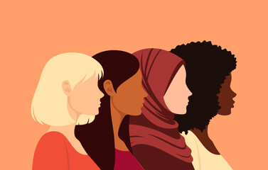 Women of different ethnicities, skin tones and hair colors standing together in a row, side view. Vector illustration in flat style