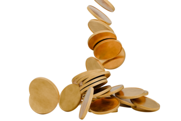 A scattering of coins falls. Transparent white background. Blank template for coin or medal with metal texture. Medal, prize for first place. Donations. Money, bank, loans. 3D rendering.