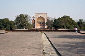 Agra, Uttar Pradesh / India - February 8, 2012 : Ruins of the monument at the Tomb of Akbar.