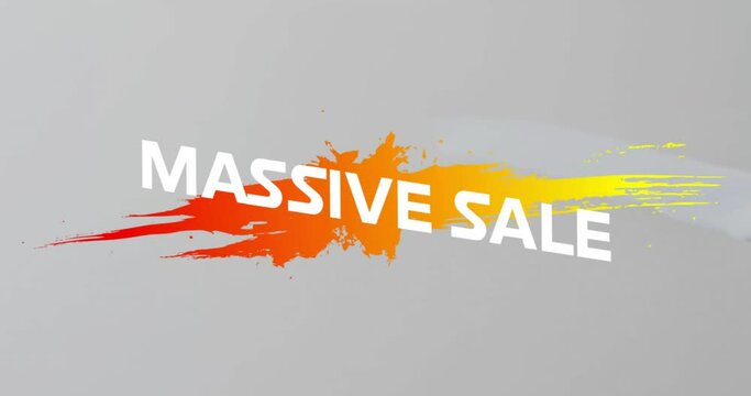 Animation of massive sale text in white over orange shapes and paint splash on grey background