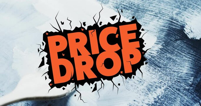 Animation of price drop text in orange over brush painting wall with white paint