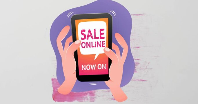 Animation of caucasian hands and smartphone with sale online text on screen over pink paint