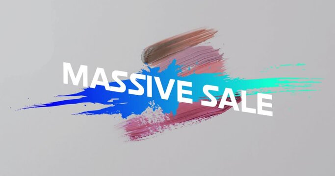 Animation of massive sale text in white over colourful brushstrokes on grey