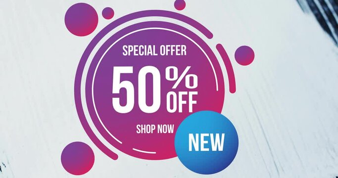 Animation of special offer, 50 percent off text on purple circle over white paint texture