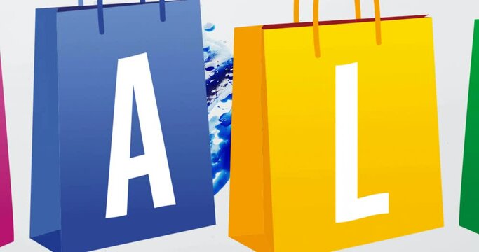 Animation of sale text in single letters on coloured shopping bags over blue paint splash