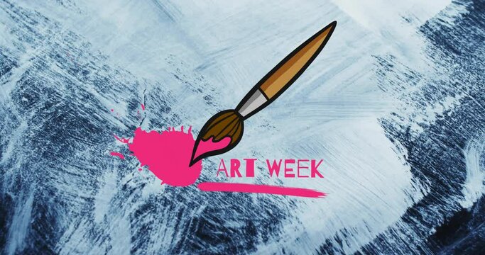 Animation of art week text in in pink paint with paint brush over white paint texture