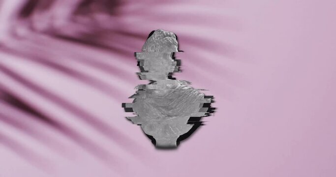Animation of ancient sculpture bust with glitch over shadow of palm leaf on pink background