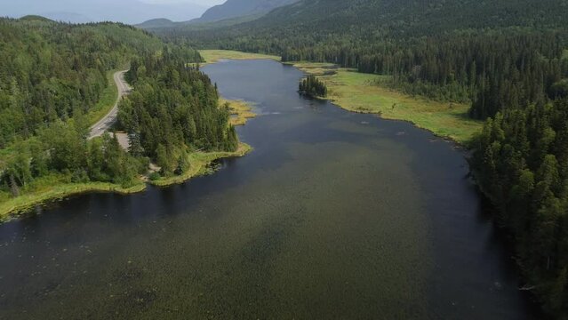 Aerial Dolly Tilt Up Shot Across Seeley Lake Provincial Park with Alpine Green Forest Trees Covering the Scenic Landscape, Smithers in Canada.