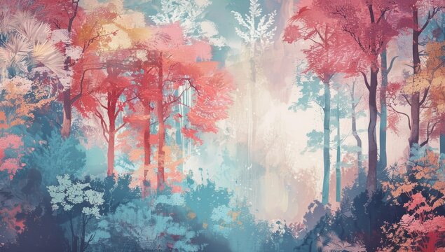 colorful abstract painting of trees with pastel colors on blue background Generative AI