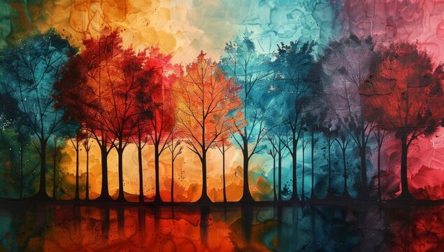a canvas painting of trees in different colors Generative AI