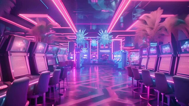 Room Filled With Slot Machines and Palm Trees Generative AI