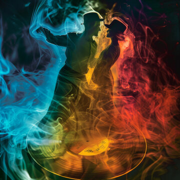 A silhouette of a couple dancing on a record. A fiery retro dance captured in a dynamic dimension, evoking nostalgia and showcasing the beauty of vinyl records, music.