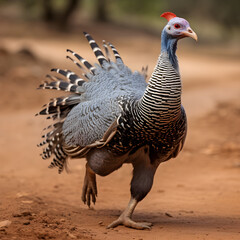 Dominant Grey-Speckled Guinea Fowl Strutting in Opulent Glory in an Open Space