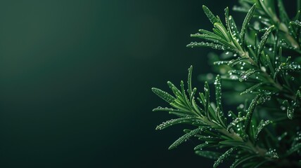 Fresh rosemary herb with dew drops against a dark background