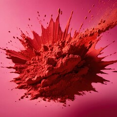 Dynamic explosion of red powder, bright color splash abstract background